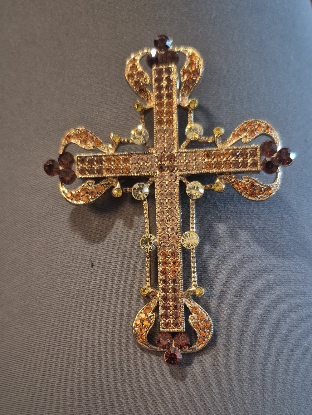 Vintage Gold Tone Brown Tan Crystal Cross Brooch Pendant